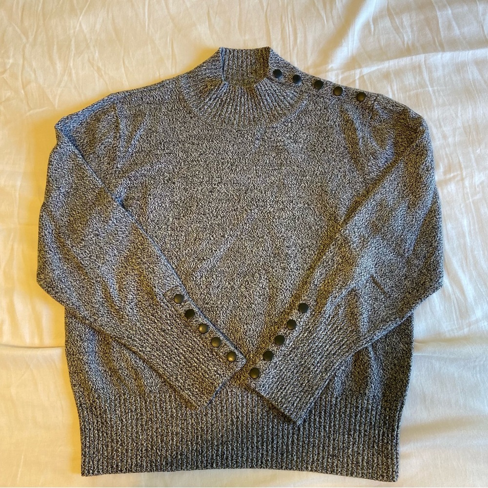 Dressbarn Black Gray Button-Detail Turtleneck Sweater